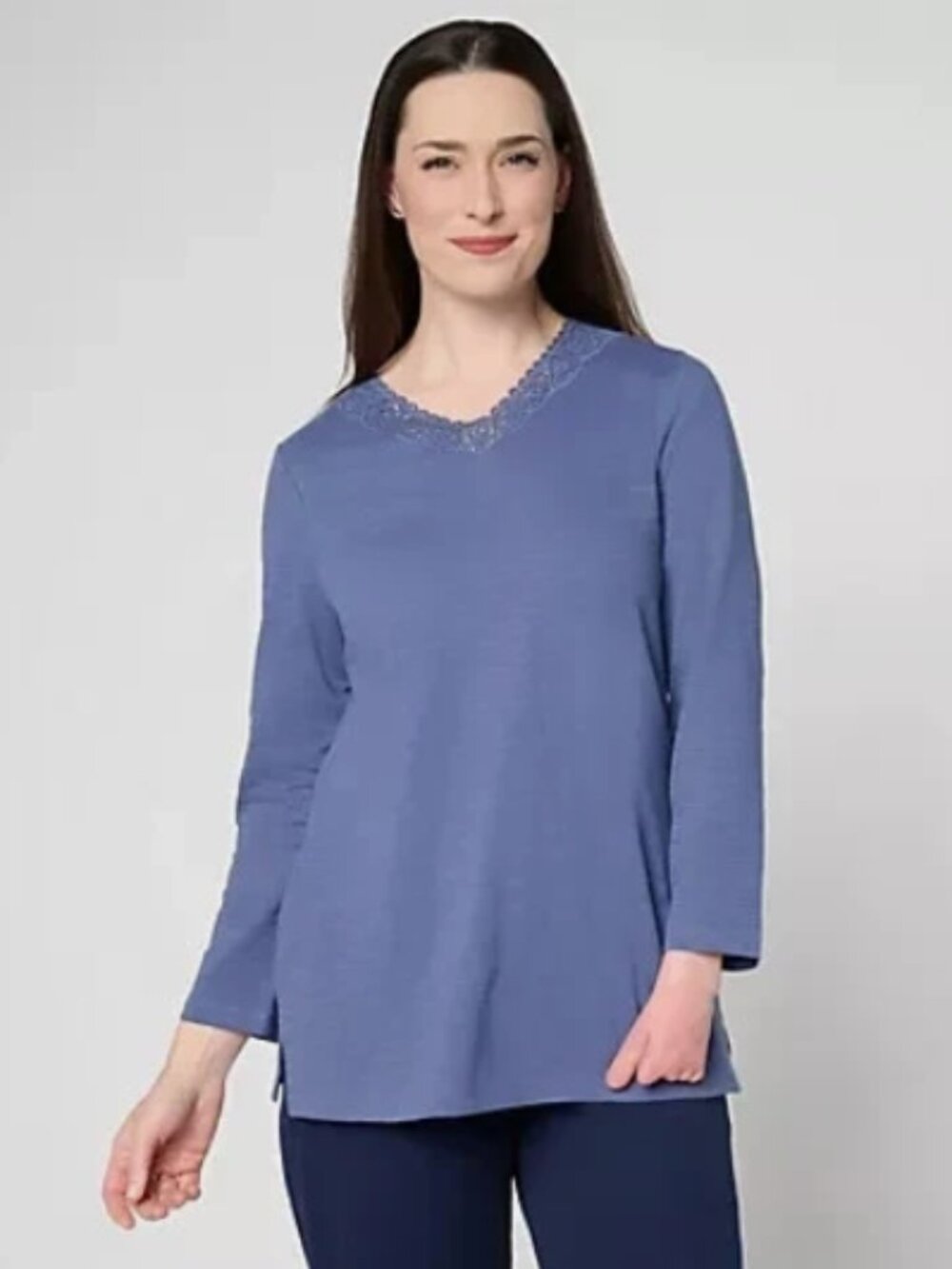Denim Co Texture Cotton Braclet Slv V-Nck Tunic-Indigo-Petite Medium-NEW-A717391